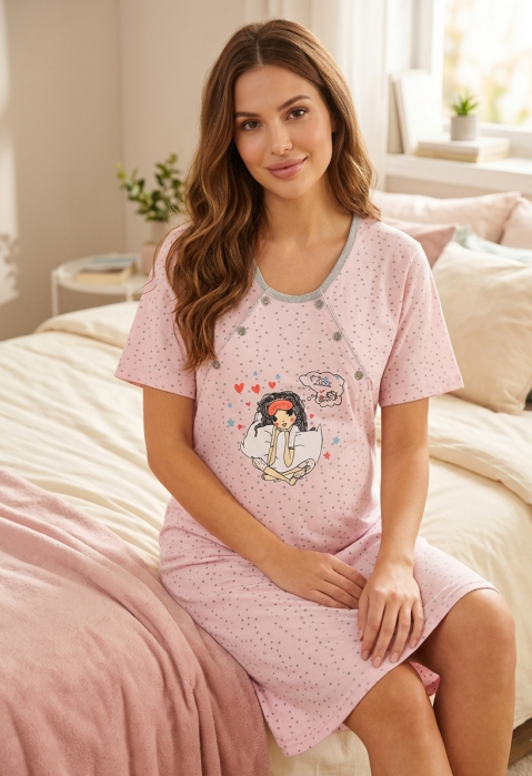 Camasa de Noapte pentru Gravide bumbac, deschidere pentru Alaptare roz 3018 [2]