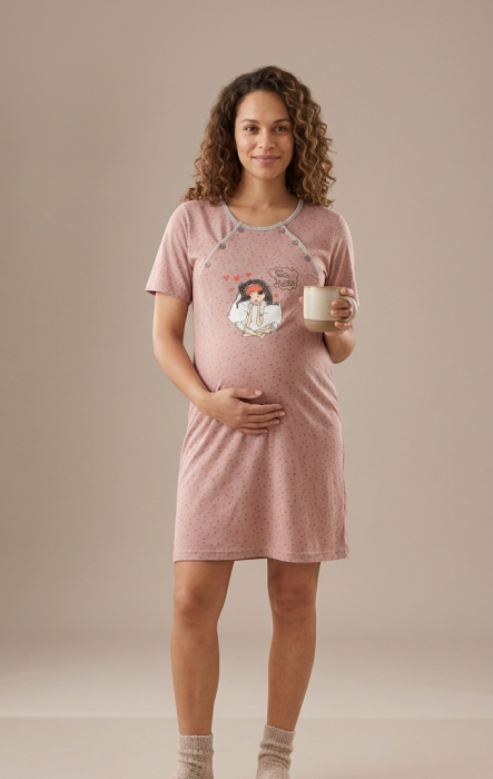 Camasa de Noapte pentru Gravide bumbac, deschidere pentru Alaptare roz prafuit 3018 [4]