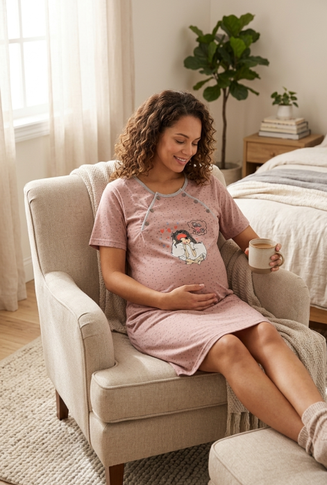 Camasa de Noapte pentru Gravide bumbac, deschidere pentru Alaptare roz prafuit 3018 [2]