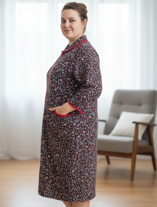 Capot de Dama Elegant din Catifea Calduroasa, Marimi Mari, buzunare si fermoar floral rosu [3]