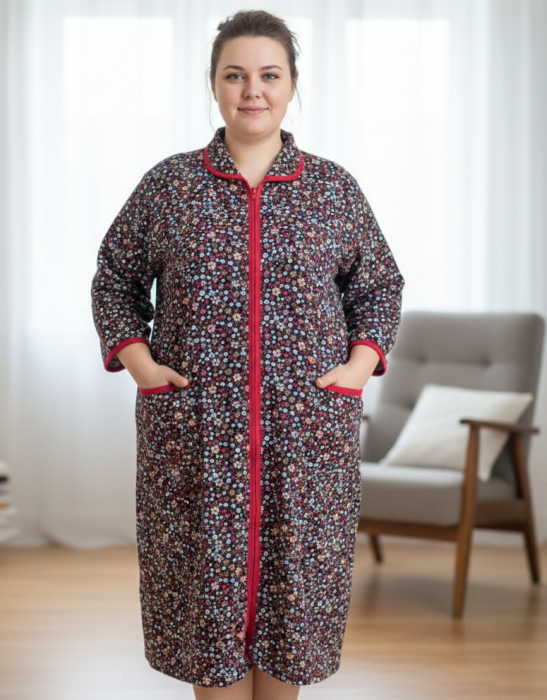 Capot de Dama Elegant din Catifea Calduroasa, Marimi Mari, buzunare si fermoar floral rosu [1]