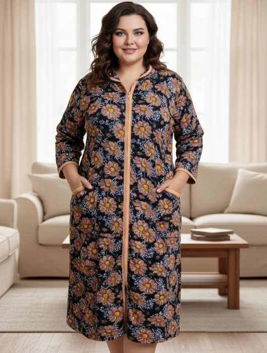 Capot de Dama Elegant din Catifea Calduroasa, Marimi Mari, buzunare si fermoar floral maro [1]