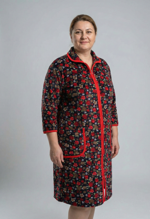 Capot de Dama Elegant din Catifea fina, marimi mari, fermoar, buzunare rosu floral [2]