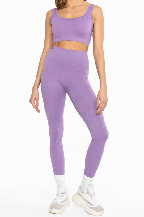 Colanti fitness lungi dama cu striatii, talie inalta, efect modelator, Mov [4]