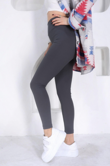 Colanti fitness lungi dama cu striatii, talie inalta, efect modelator, Gri inchis [3]