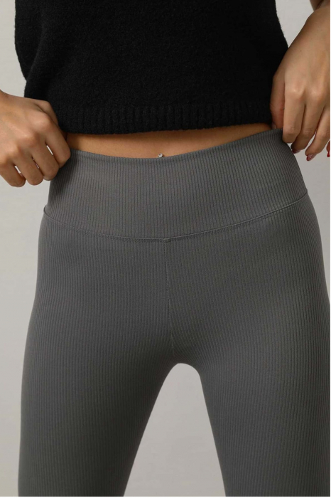 Colanti fitness lungi dama cu striatii, talie inalta, efect modelator, Gri inchis [2]
