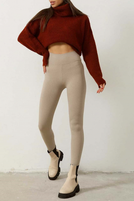 Colanti fitness lungi dama cu striatii, talie inalta, efect modelator, Bej [5]