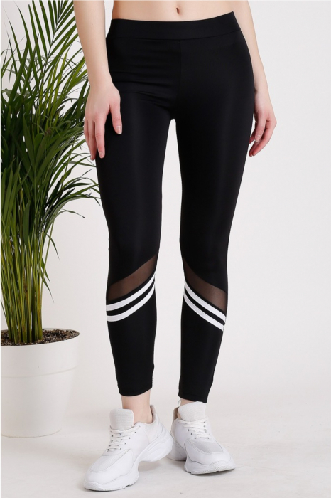 Colanti fitness  dama , talie inalta elastica, cu dungi albe si plasa, Negru [2]