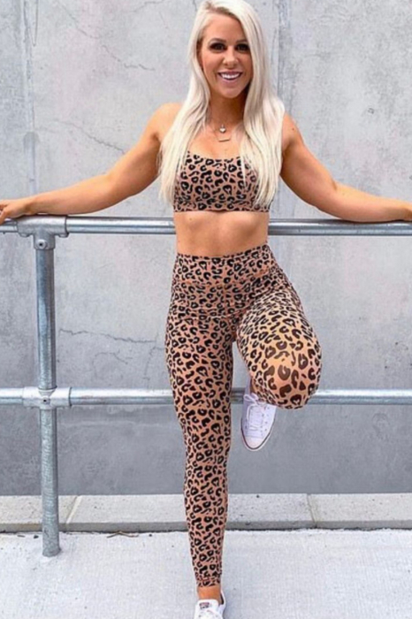 Compleu sport, set dama fitness 2 piese, animal print, maro [5]