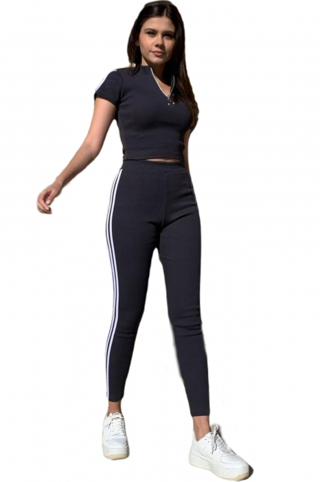 Compleu trening dama maneci scurte, 2 piese, dungi laterale, negru, One Size S/M [6]