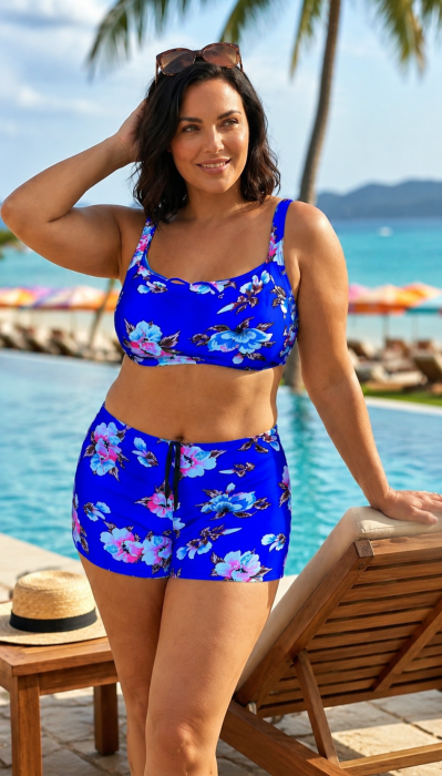 Costum baie dama 2 piese, marime mare, slipi tip pantaloni scurt albastru m5007-m [2]