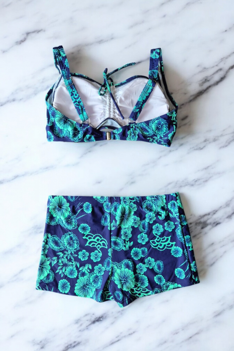 Costum baie dama 2 piese, marime mare, slipi tip pantaloni scurti, verde/albastru Amelie 7128 [3]