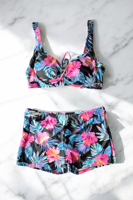 Costum baie dama 2 piese, marime mare, slipi tip pantaloni scurti, floral multicolor f2502 [2]