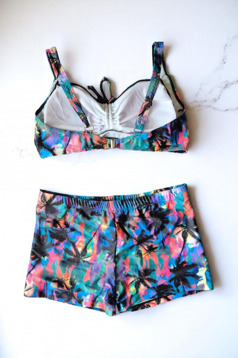 Costum baie dama 2 piese, marime mare, slipi tip pantaloni scurti, albastru tropical M5007 [3]