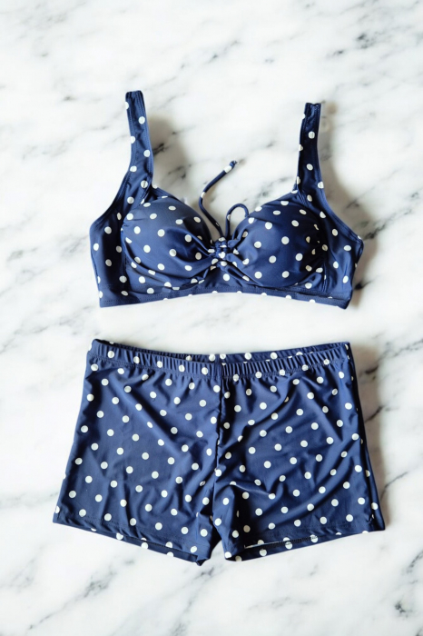 Costum baie dama 2 piese, marime mare, slipi tip pantaloni scurti, imprimeu buline, Ariana f2502 [2]