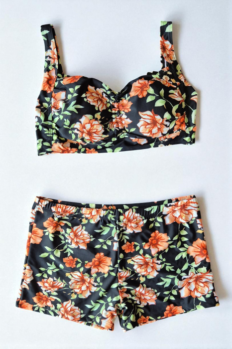 Costum baie dama 2 piese, marime mare, slipi tip pantaloni scurt imprimeu de vara m5007 [3]