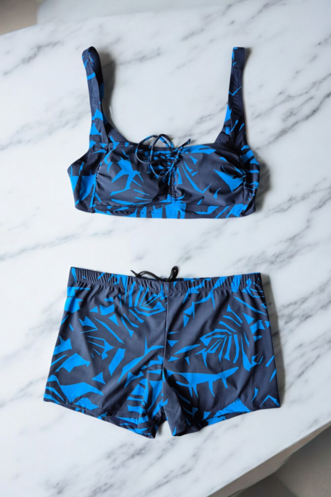 Costum baie dama 2 piese, marime mare, slipi tip pantaloni scurti, albastru Iry 22092 [2]