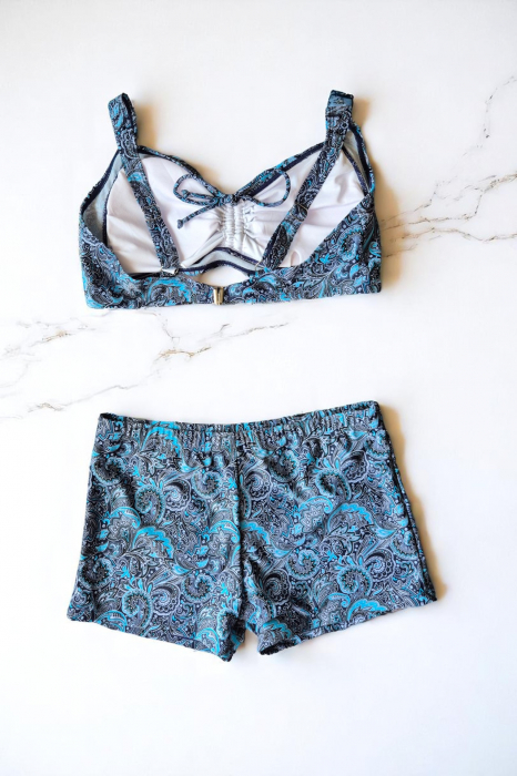 Costum baie dama 2 piese, marime mare, slipi tip pantaloni scurti, albastru mozaic M5007 [3]