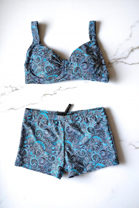Costum baie dama 2 piese, marime mare, slipi tip pantaloni scurti, albastru mozaic M5007 [2]