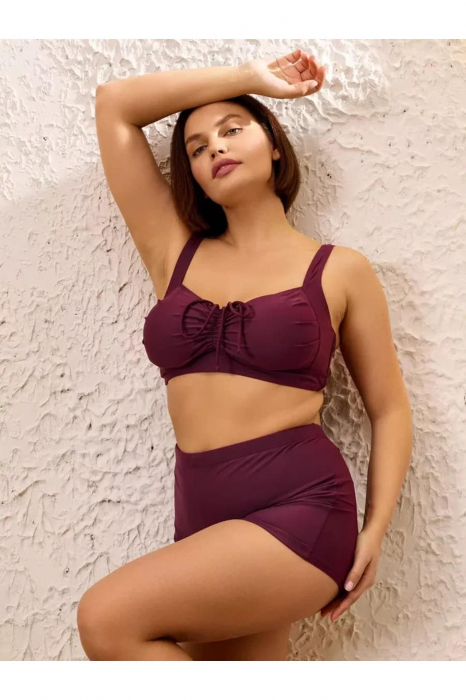 Costum baie dama 2 piese, marime mare, slipi tip pantaloni scurti, visiniu m5202 [9]
