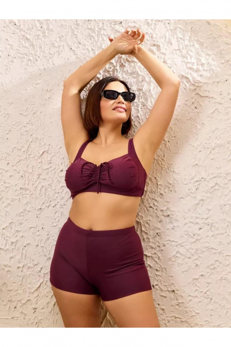 Costum baie dama 2 piese, marime mare, slipi tip pantaloni scurti, visiniu m5202 [6]