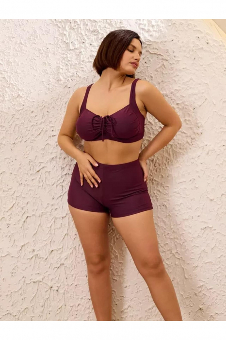 Costum baie dama 2 piese, marime mare, slipi tip pantaloni scurti, visiniu m5202 [5]