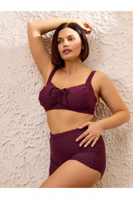 Costum baie dama 2 piese, marime mare, slipi tip pantaloni scurti, visiniu m5202 [3]