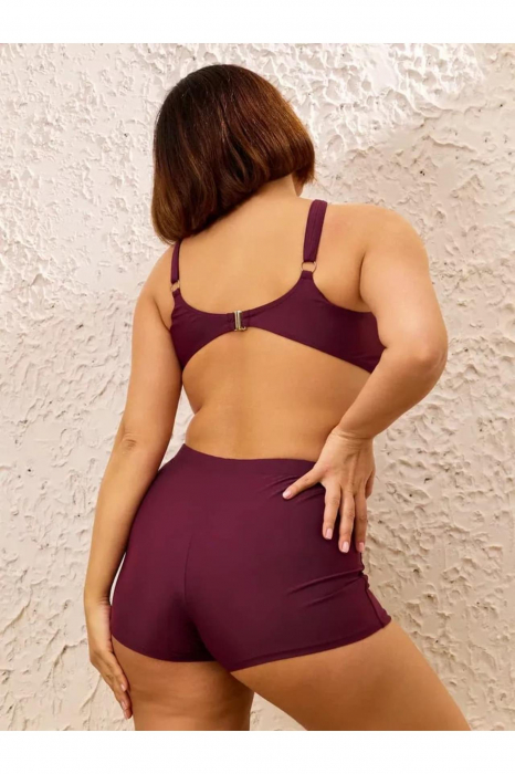 Costum baie dama 2 piese, marime mare, slipi tip pantaloni scurti, visiniu m5202 [4]