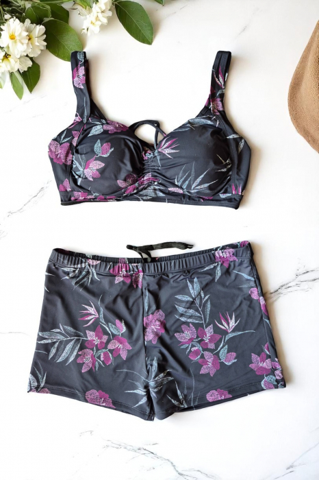 Costum baie dama 2 piese, marime mare, slipi tip pantaloni scurti, negru/mov M5007 [2]