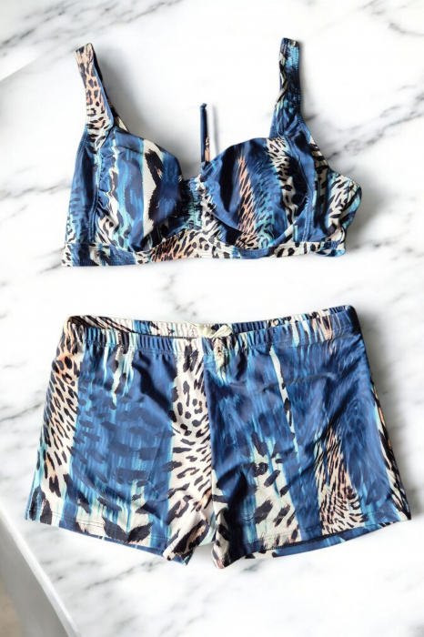 Costum baie dama 2 piese, marime mare, slipi tip pantaloni scurti, animal print albastru f2502 [3]
