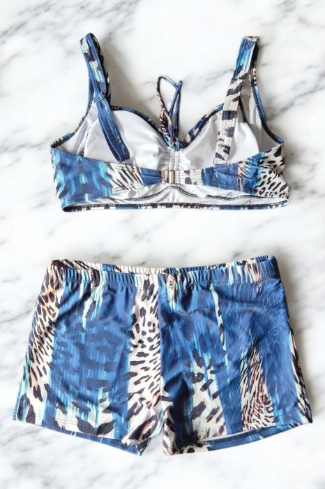 Costum baie dama 2 piese, marime mare, slipi tip pantaloni scurti, animal print albastru f2502 [2]