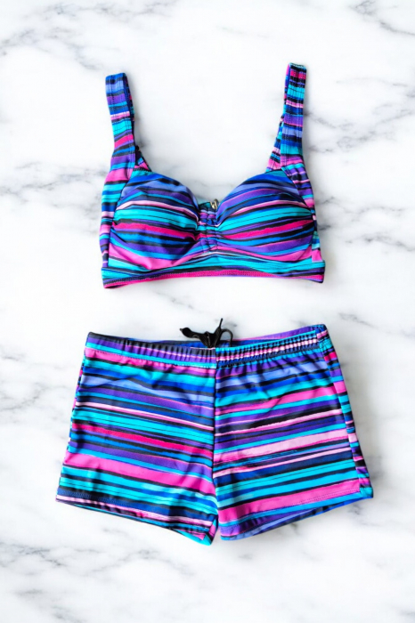 Costum Baie Doua piese, slipi pantaloni scurti, sutien bustiera, multicolor bleu 2296 [2]