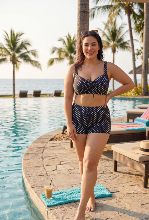 Costum deBaie Dama 2 Piese, marime mare, Slip cu Talie Inalta Tip Pantalon Scurt f2502 [3]