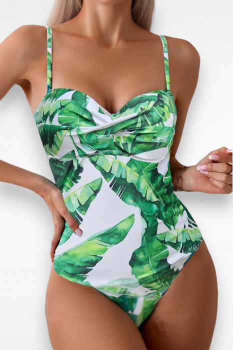 Costum baie intreg dama cu efect modelator, imprimeu tropical, verde/alb embody.ro [6]