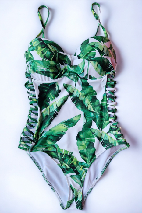 Costum baie intreg dama cu efect modelator, imprimeu tropical, verde/alb embody.ro [2]