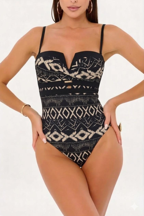 Costum baie intreg dama cu efect modelator, Luv y9101 XOXO negru/bej [3]