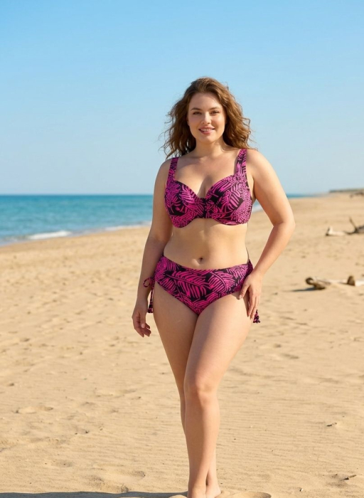 Costum de baie 2 piese marimi mari roz cu imprimeu tropical si sutien cu sustinere lm068 [3]