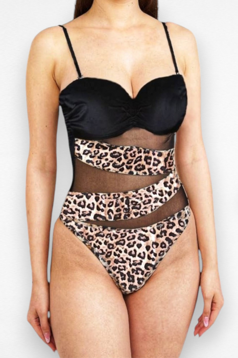 Costum baie intreg dama, efect modelator, aspect plasa in fata, animal print, maro, embody.ro [5]