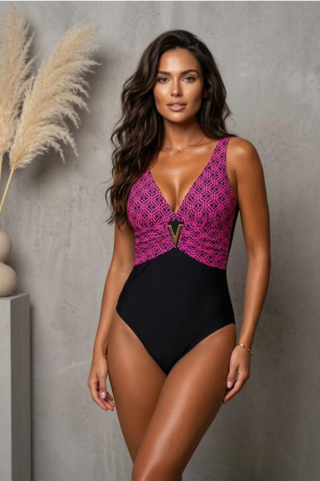 Costum baie intreg dama, modelator, aplicatie metalica in V, Y9103-1 negru/roz [5]