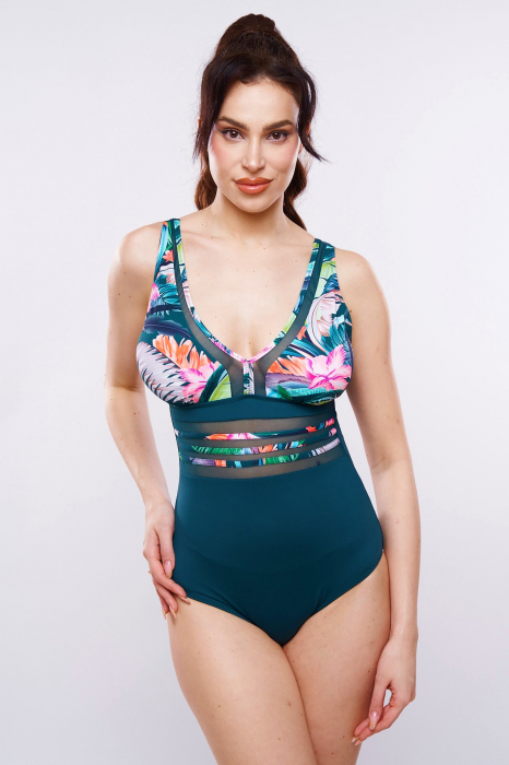 Costum baie intreg, marime mare cu efect modelator, verde, dama, Tropical embody love, embody.ro [2]