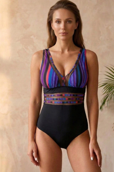 Costum baie intreg modelator cu imprimeu tropical si insertii transparente negru/mov 22774 [2]