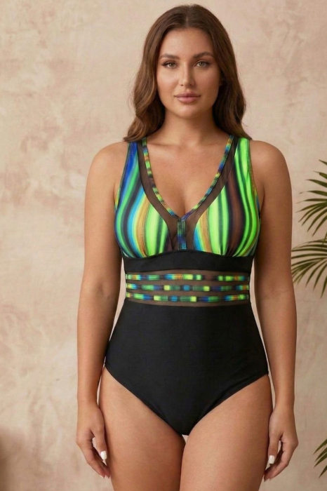 Costum baie intreg modelator cu imprimeu tropical si insertii transparente negru/neon 22774 [2]