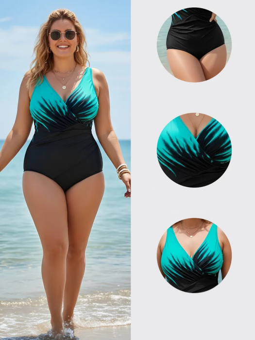 Costum baie intreg modelator dama marime mare, Summer Fire, verde turcoaz [3]