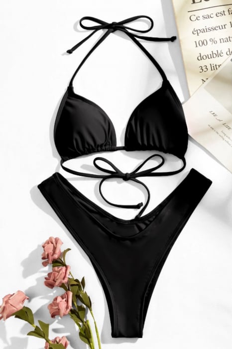 Costum de baie doua piese, slip in V semi brazilian, inchidere cu snururi, negru lucios, Embody Basic, embody.ro [4]