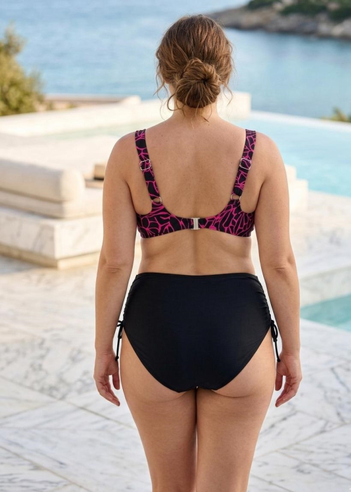 Costum de Baie 2 piese cu Imprimeu Tropical Roz-Negru si Talie Inalta 6601 [2]