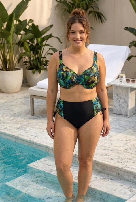 Costum de Baie 2 piese cu Imprimeu Tropical si Talie Inalta 6601 [3]