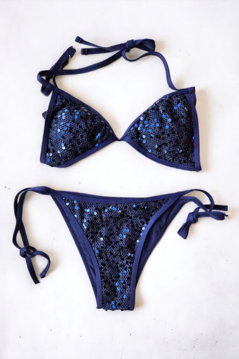 Costum de baie 2 piese, cu paiete, slip brazilian, snr reglabil, bleumarin, Glow Shine embody.ro [4]