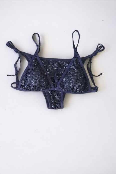 Costum de baie 2 piese, cu paiete, slip brazilian, snr reglabil, bleumarin, Glow Shine embody.ro [6]