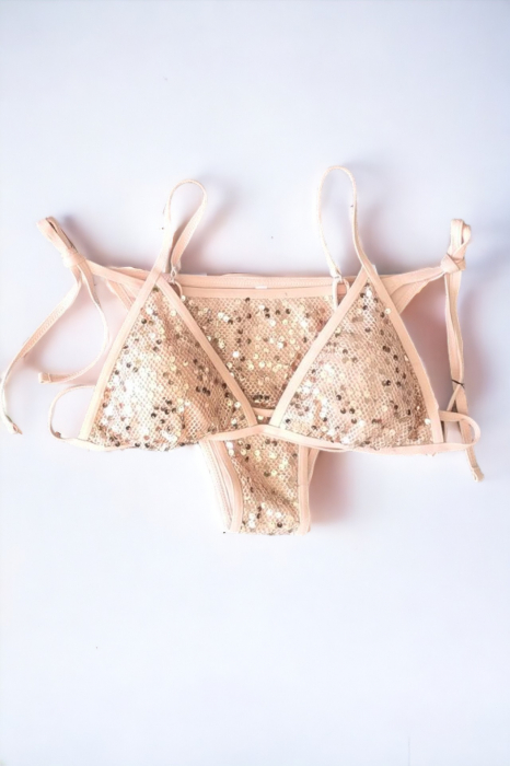 Costum de baie 2 piese, cu paiete, slip brazilian, snr reglabil, bej, Glow Shine embody.ro [3]