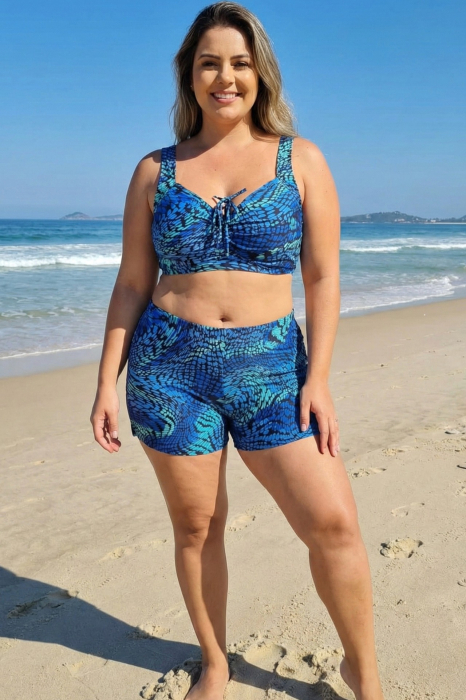 Costum de baie 2 piese, marime mare, cu slipi tip pantaloni scurti, sutien bustiera, Aquamarine [4]